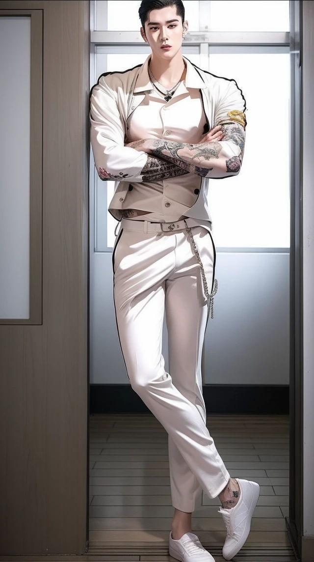 Tall Guy. The character Gong Park is from the webtoon Lookism. Korean. Black hair. Black eyes with white pupils. White suit. Exactly the same as in the photo. Detailed. Reality. In real life. Tattoos as in the photo. Muscular. High quality.