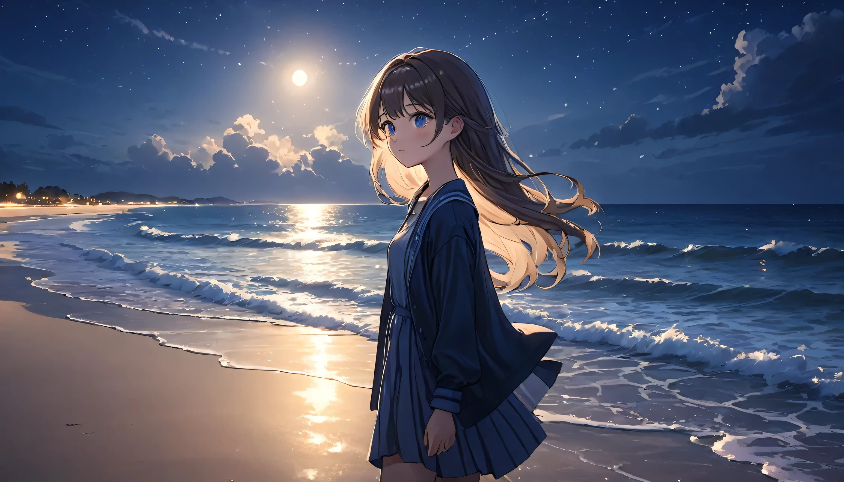 a young girl walking on the sandy beach, calm ocean waves, serene night sky, anime style, detailed face, long hair, beautiful eyes, detailed clothing, realistic lighting, cinematic composition, highly detailed, 8k, photorealistic, (best quality, 4k, 8k, highres, masterpiece:1.2), ultra-detailed, (realistic, photorealistic, photo-realistic:1.37), detailed ocean, dramatic lighting, moody atmosphere, warm color tones