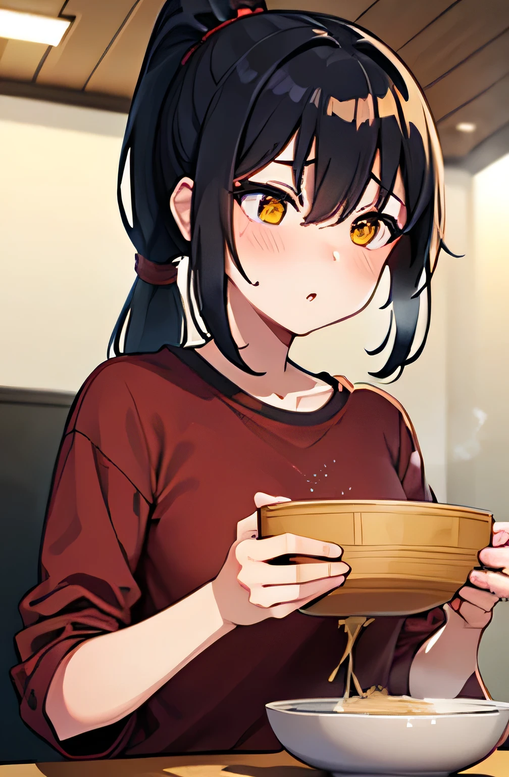 One Woman、Black Hair、Hairstyle、ponytail、Red hair tie、Yellow Eyes、Casual clothing、upper body、sit near a bowl of hot ramen on a table、Breathe on hot ramen、steam、 black hair, ponytail, hair between eyes, hair between eyes, tsurime, light blush, anime, from below, UHD, anatomically correct
