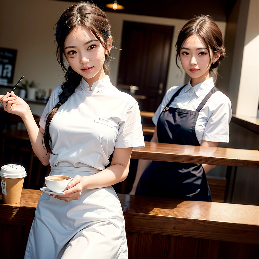 looking at viewer,cinematic light, ultra high res, 8k uhd, film grain, 40 years old cute and beautiful waitress,asian, at cafe,white apron,brown shirts,tan skin,braid, black hair,standing,ultra-detailed eyes, gradient eye,smiles,open mouth,shiny brown eyes, water color background, {{{waitress suit}}},cafe table, guests,foods,cakes,coffee,coffee cups,sfw:1.8,