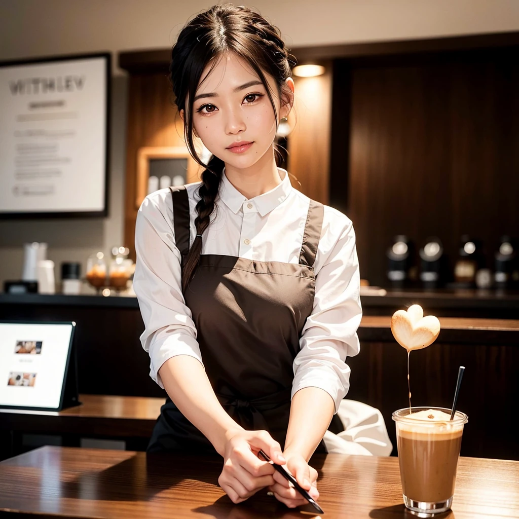 looking at viewer,cinematic light, ultra high res, 8k uhd, film grain, 40 years old cute and beautiful waitress,asian, at cafe,white apron,brown shirts,tan skin,braid, black hair,standing,ultra-detailed eyes, gradient eye,smiles,open mouth,shiny brown eyes, water color background, {{{waitress suit}}},cafe table, guests,foods,cakes,coffee,coffee cups,sfw:1.8,