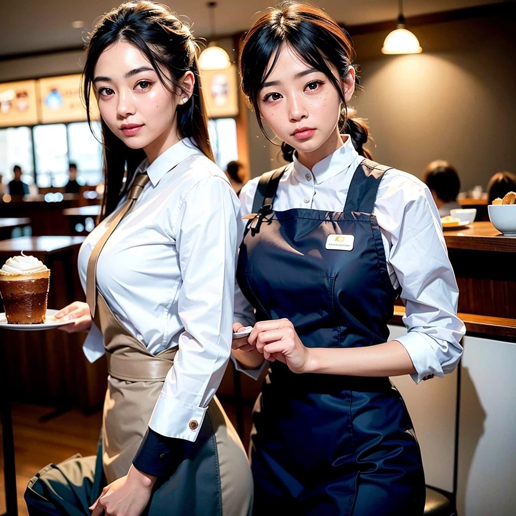 looking at viewer,cinematic light, ultra high res, 8k uhd, film grain, 40 years old cute and beautiful waitress,asian, at cafe,white apron,brown shirts,tan skin,braid, black hair,standing,ultra-detailed eyes, gradient eye,smiles,open mouth,shiny brown eyes, water color background, {{{waitress suit}}},cafe table, guests,foods,cakes,coffee,coffee cups,sfw:1.8,