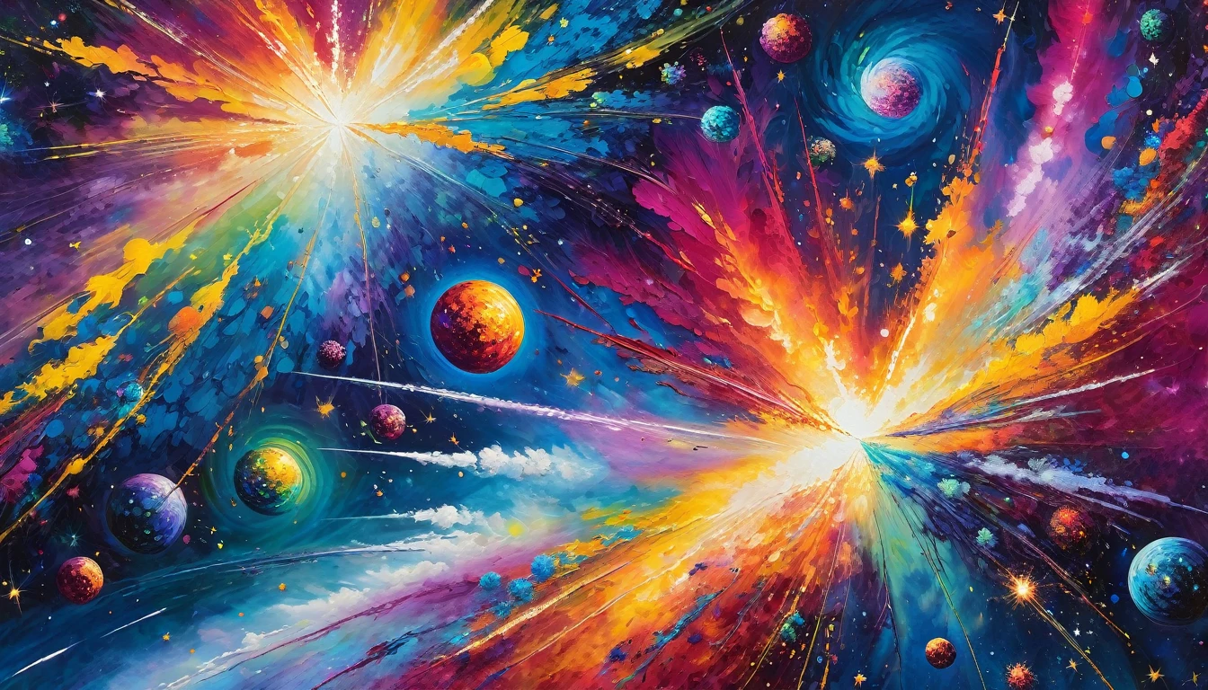 Vibrant, hyper-textured acrylic painting of a space painting bursting with intensely bright vivid colored galaxies and nebulae in a vertical composition, ultra impasto brushstrokes, Monet-inspired, dreamy ambiance, planetary abundance, intricate details