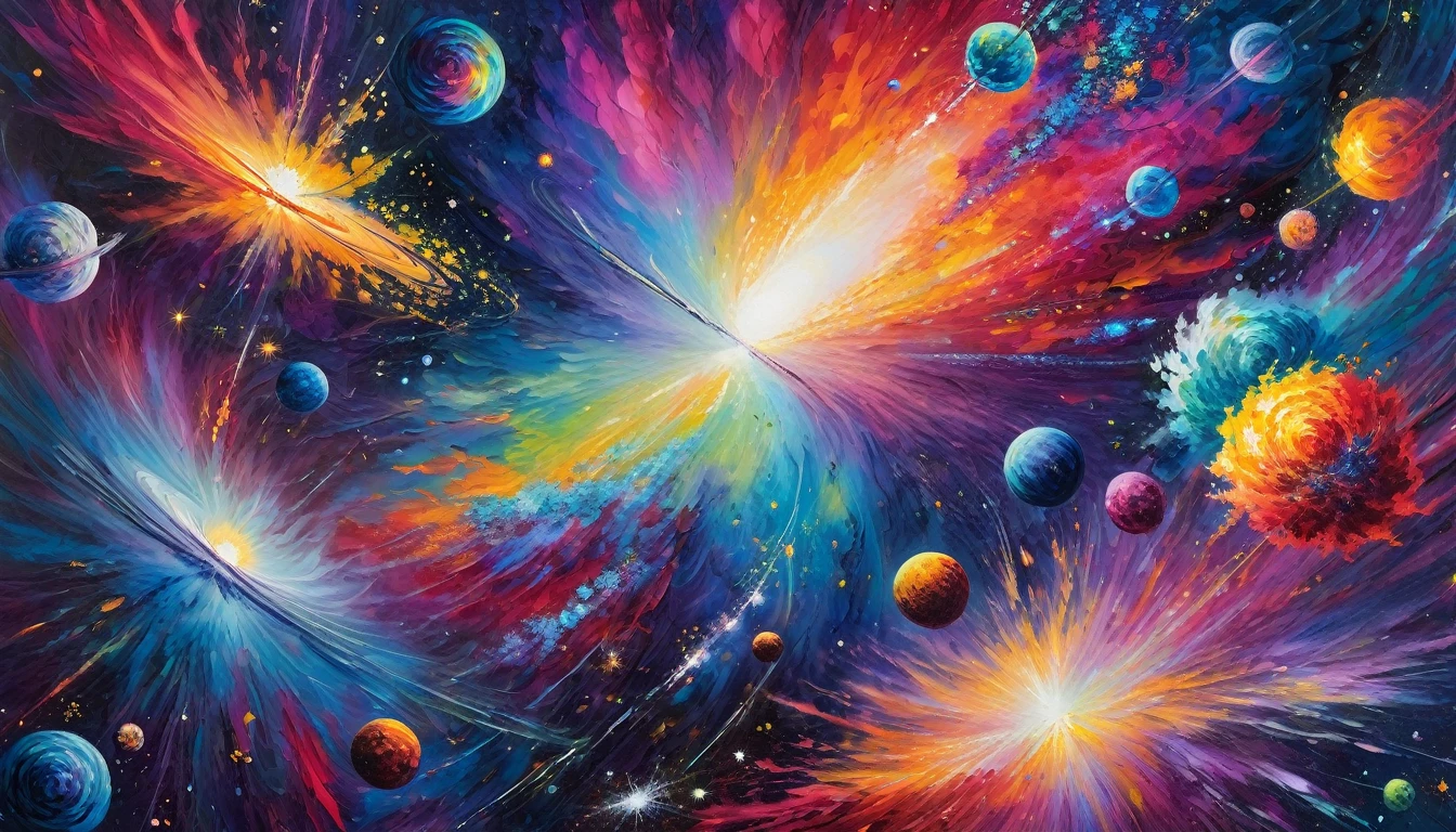 Vibrant, hyper-textured acrylic painting of a space painting bursting with intensely bright vivid colored galaxies and nebulae in a vertical composition, ultra impasto brushstrokes, Monet-inspired, dreamy ambiance, planetary abundance, intricate details