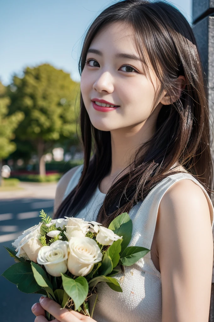 (8k, RAW Photos, highest quality、masterpiece:1.2), (Realistic、Realistic:1.37), Very detailed, High resolution, 1 girl, Laughter, View your viewers, dress, Beautifully detailed face、(Holding a bouquet:1.3),Beautiful and detailed skin、Skin Texture、Floating Hair、Professional Lighting, noon