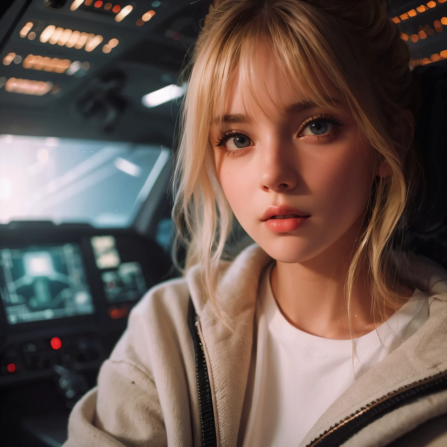 Blonde woman looking at camera in cockpit, Pilot Girl, cute Pilot Girl, Portrait of Rofi, 🤤 Portrait of a Girl, In the spaceship, Soft Portrait Shot 8k, portrait of cute Pilot Girl, movie portrait, On a spaceship, highly detailed vfx portrait, Sci-Fi Pilot, 美しいSFPortrait of a Girl, Lo-fi Girl
