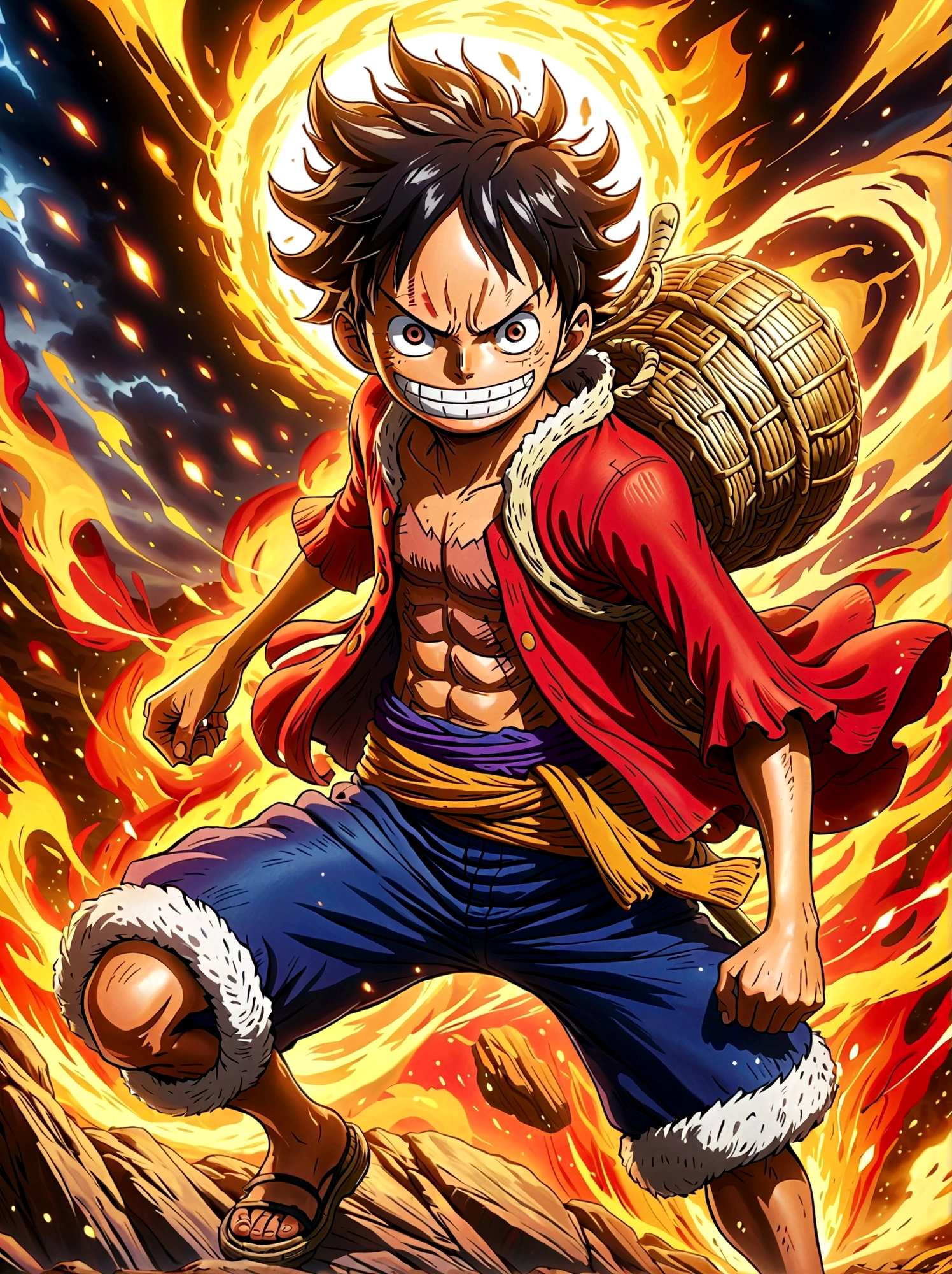 Create an exciting poster with Luffy from "one piece" em um ataque de raiva, wolf-headed. Capture the essence of his fiery determination and unyielding spirit as he unleashes his wrath on his enemies. Mantenha-o curto, ousado, e intenso para transmitir o poder bruto da raiva de Luffy, boy, anime