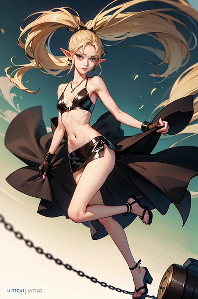 8K, Top Quality, Intricate Details, Ultra Detail, Ultra High Resolution, Masterpiece, full body, Very tall, dark skinned female elf; slender, blonde hairs and incredible long ponytail; strong makeup; brown eyes; small pointy breast; sensual midriff; wearing superhighplatform sandals, jewelery, necklace, earrings, black bikini top, short leather jacket, thongs with a lot of strings, leather skirt, long fingernails; gloves, rings, best quality, expressive eyes, perfect face, masterpiece, slim body, very long legs, detailed stomach, detailed hips, detailed legs, carefully drawn toes, carefully drawn feet, carefully drawn hands, best quality, drawn with careful, Dynamic Angle, Highly detailed, seductive eyes, NTR