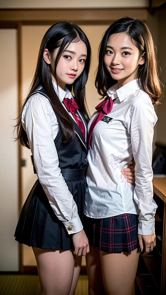 Two high school girls in a classroom、Natural body shape、White skin、Natural Makeup、Black Hair、bangs、Bob short hair and twin tails、((High School Uniform))(((navy blue cardigan、White collar blouse、red school ribbon、mini skirt)))、((Big Breasts))、(Looking at the camera facing forward)、Full body photo、Exposing your thighs、White socks、Black Loafers、((Lift up the skirt))、(Small size pure white panties)、Focus on the groin、Sit with your legs apart、Very tight panties、Two people hugging each other、Lift up the skirt