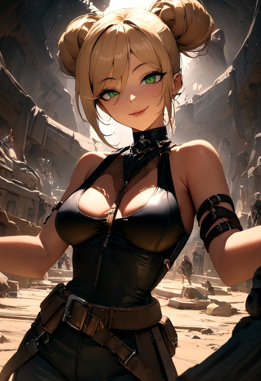 best quality, masterpiece, eye reflection, best quality, masterpiece, mercy eye reflection, alone, sculptural perfect body, blonde,overwatch mercy style hairstyle, green eyes, two arms, tomb raider style neckline clothing, utilitarian belt, alone, command room, 8k, masterpiece, highres, absurdres, natural volumetric lighting and best shadows, deep depth of field, sharp focus, naughty face, super yummy, medium breasts, elements of warhammer 40k, hyper detailed scenery, goddess  