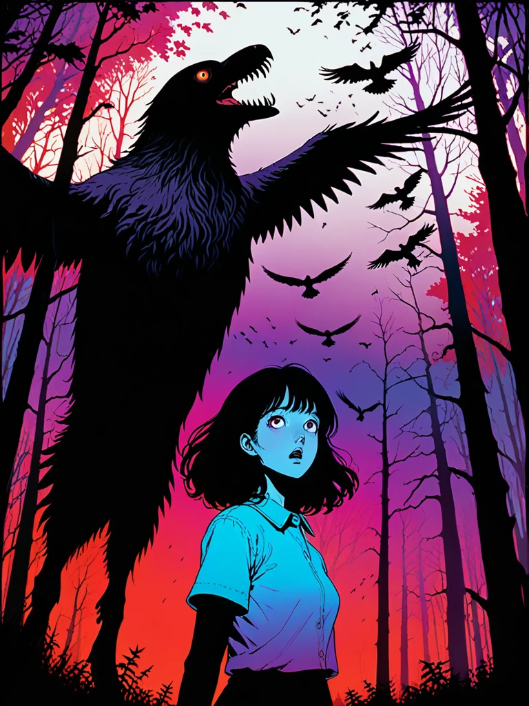 illust、art、from 80s horror movie, directed by Junji Ito、in the forest、A woman with a scared expression、Countless crows are flying into the sky, Silhouette of a giant monster towering into the sky、Overaction、Overreaction、Hanging corpse、high detail, realsitic shadow、Analog style, vhs style, 8mm film, chromatic aberration, Dvd screengrab、Blue-purple and red-purple gradation