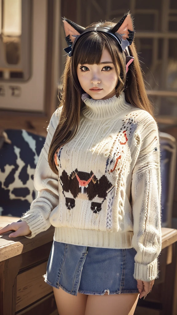 Masterpiece, bokeh, 4K, Beautiful high school girl, (Japanese idle:1.6), (cow pattern sweater:1.3), (Cat ears:1.3), (Big cows:1.6), sundown classroom,