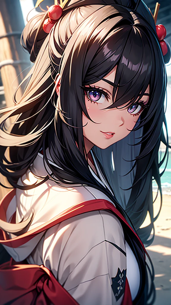 (1girl:1.3), Masterpiece, Best quality, amazing beauty, [[3D]], 4K, absurdres, finely detail, super detailed eye, perfect anatomy, official art, cinematic lighting, BREAK, sandy beach, silky long hair, silky straight hair, black hair, super shiny detailed black eye, big eyes, cute eyes, thick eyebrow, Looking at Viewer(camera), Looking Back, close -mouth, full lips, Eyeliner, False eyelashes, red lips, hairpin, happy face, BREAK , big breasts, tall, slender, glistening skin, arms behind back, face close-up,  from front, BREAK , , BREAK,(kimono:1.3)