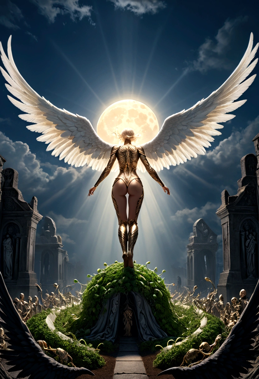 a model shot (taken from the back: 1.5), 16K, ultra detailed, masterpiece, best quality, (extremely detailed), arafed, dnd art, portrait, full body, aasimar, female, (Masterpiece 1.3, intense details), female, paladin, holy warrior, spread large feathered wings, (wings sprouting from the back: 1.3), majestic wings, white angelic wings spread (Masterpiece, intense details: 1.5), moon light, moon, stars, clouds, holy symbol, armed with sword, short blond hair, dark fantasy cemetery background, anatomically correct (Masterpiece 1.3, intense details), angel_wings, determined face, god rays, cinematic lighting, glowing light, silhouette, from outside, photorealism, panoramic view (Masterpiece 1.3, intense details) , Wide-Angle, Ultra-Wide Angle, 16k, highres, best quality, high details