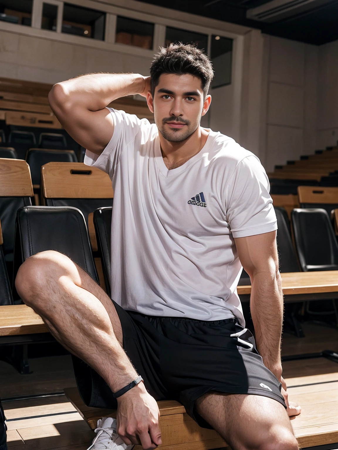 No coats! Wear only shorts!！smile, short hair, black hair, brown hair, black hair, sitting, male focus, multiple , shoes, shorts, arms, wristband, sneakers, sportswear, bench, basketball, basketball uniformanother, chest hair, , navel hair, leg hair, armpit hair, hairy, （Chest hair：1.8） ！ High detail 8K)! ((Realistically)), ! 186 cm! 70 kilograms! Popular clips! ( High-detail 8k ((realistically)), Exposed chest muscle and chest hair!, best quality, bright lighting, focus, theater! 35 years old, hairy breasts, thick hair Adam Dario Kier screenshot, Reddit, photo realism, gray hair！real photos！Thick moustache!(Chest hair：1.5）Real photos!