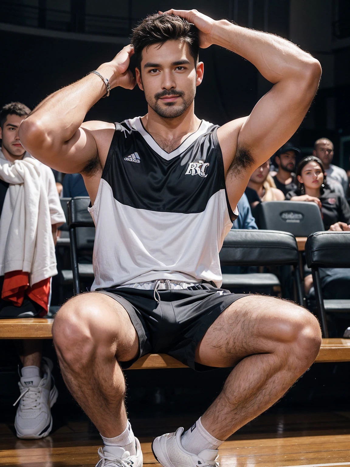 smile, short hair, black hair, brown hair, black hair, sitting, male focus, multiple , shoes, shorts, arms, wristband, sneakers, sportswear, bench, basketball, basketball uniformanother, chest hair, , navel hair, leg hair, armpit hair, hairy, （Chest hair：1.8） ！ High detail 8K)! ((Realistically)), ! 186 cm! 70 kilograms! Popular clips! ( High-detail 8k ((realistically)), Exposed chest muscle and chest hair!, best quality, bright lighting, focus, theater! 35 years old, hairy breasts, thick hair Adam Dario Kier screenshot, Reddit, photo realism, gray hair！real photos！Thick moustache!(Chest hair：1.5）Real photos!