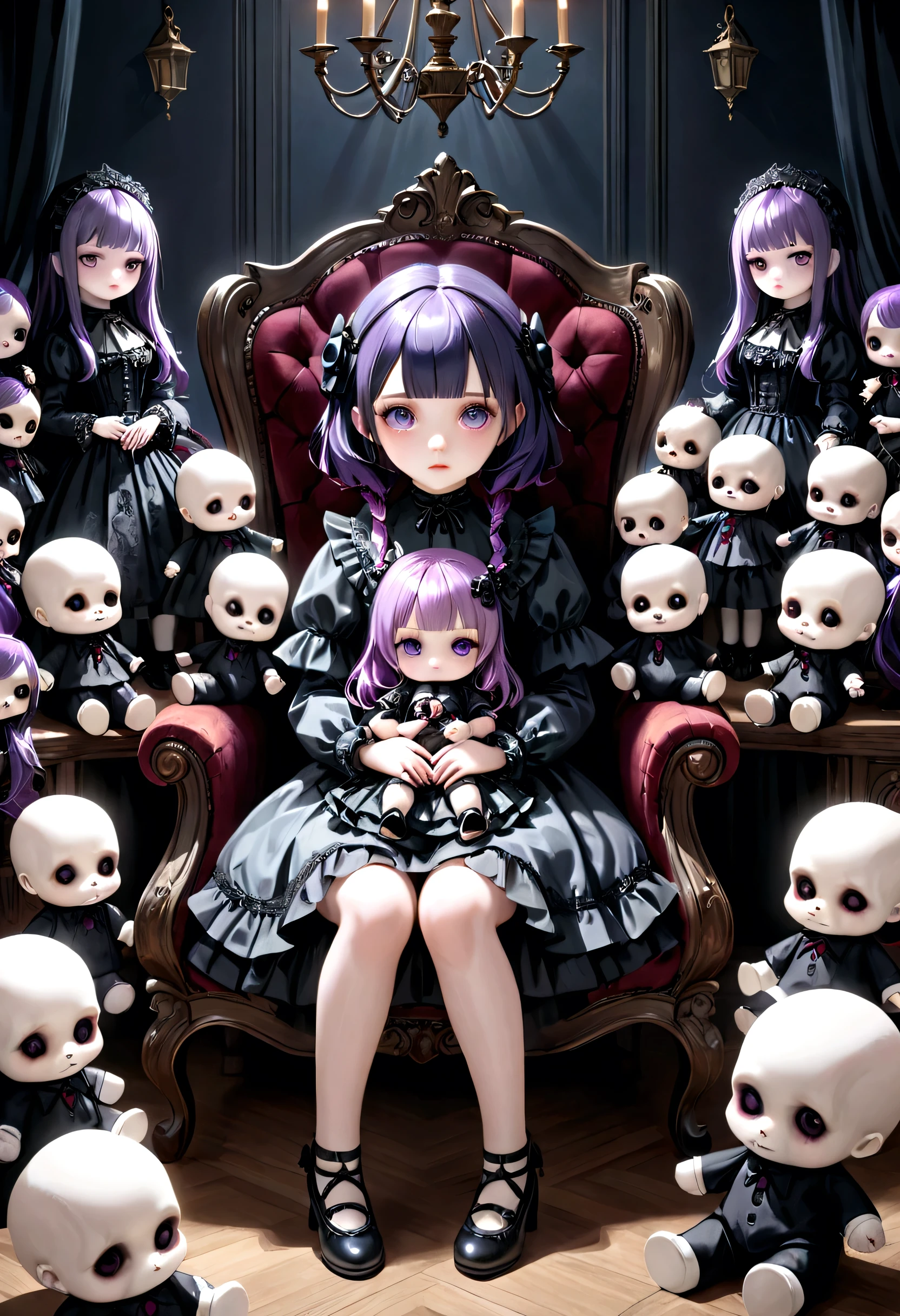 a cute goth lolita girl with purple hair and purple eyes, sitting in a dark room, holding a cursed doll, surrounded by dolls, full body shot, (best quality,4k,8k,highres,masterpiece:1.2),ultra-detailed,(realistic,photorealistic,photo-realistic:1.37),vivid colors,dramatic lighting,highly detailed portrait,intricate details,beautiful detailed eyes,beautiful detailed lips,extremely detailed eyes and face,long eyelashes,gothic,dark fantasy,surreal