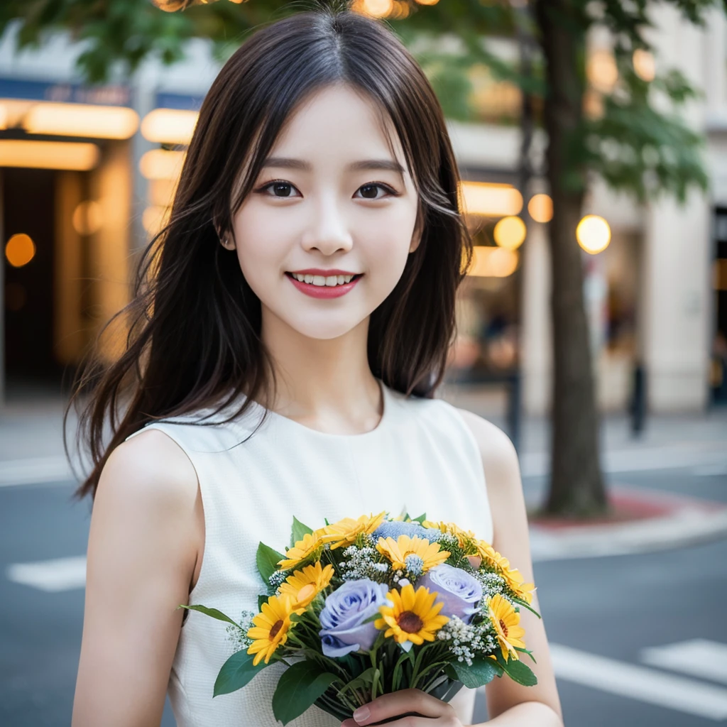 (8k, RAW Photos, highest quality、masterpiece:1.2), (Realistic、Realistic:1.37), Very detailed, High resolution, 1 girl, Laughter, View your viewers, dress, Beautifully detailed face、(Holding a bouquet:1.3),Beautiful and detailed skin、Skin Texture、Floating Hair、Professional Lighting, noon