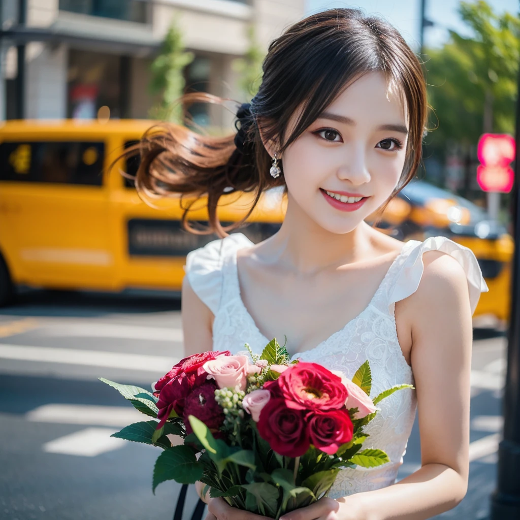 (8k, RAW Photos, highest quality、masterpiece:1.2), (Realistic、Realistic:1.37), Very detailed, High resolution, 1 girl, Laughter, View your viewers, dress, Beautifully detailed face、(Holding a bouquet:1.3),Beautiful and detailed skin、Skin Texture、Floating Hair、Professional Lighting, noon
