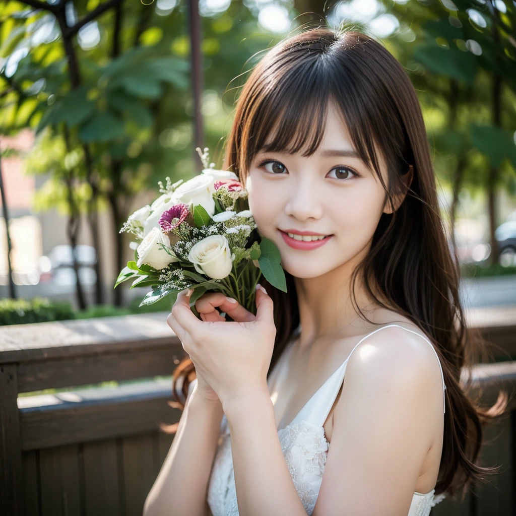 (8k, RAW Photos, highest quality、masterpiece:1.2), (Realistic、Realistic:1.37), Very detailed, High resolution, 1 girl, Laughter, View your viewers, dress, Beautifully detailed face、(Holding a bouquet:1.3),Beautiful and detailed skin、Skin Texture、Floating Hair、Professional Lighting, noon
