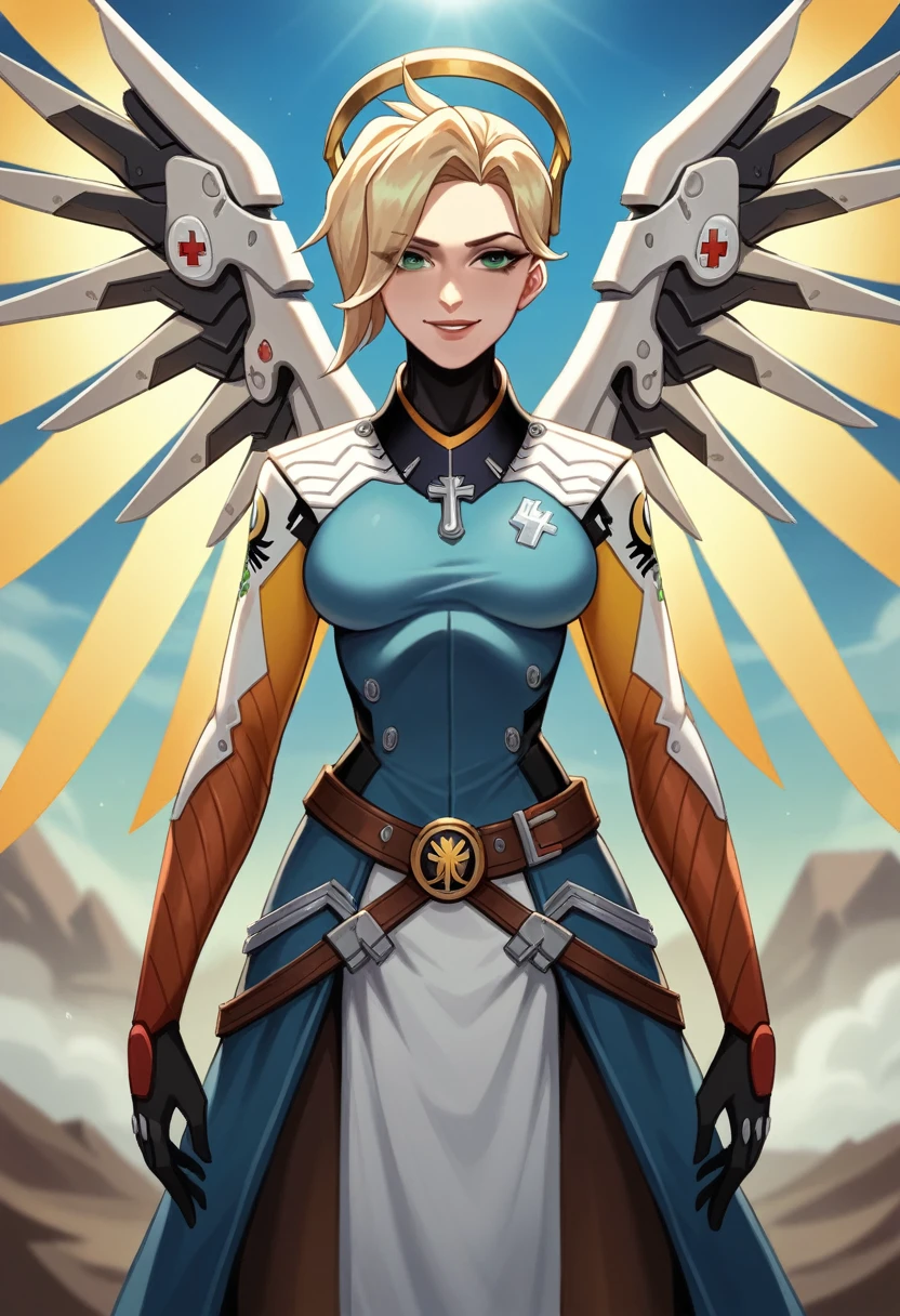 best quality, masterpiece, eye reflection, best quality, masterpiece, mercy eye reflection, alone, sculptural perfect body, blonde,overwatch mercy style hairstyle, green eyes, two arms, tomb raider style neckline clothing, utilitarian belt, alone, command room, 8k, masterpiece, highres, absurdres, natural volumetric lighting and best shadows, deep depth of field, sharp focus, naughty face, super yummy, medium breasts, elements of warhammer 40k, hyper detailed scenery, goddess