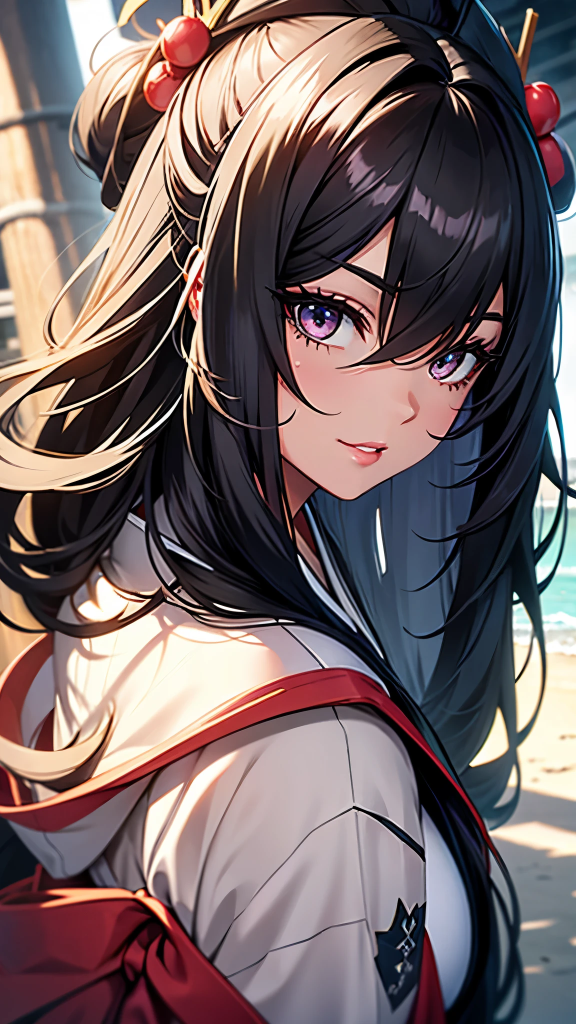 (1girl:1.3), Masterpiece, Best quality, amazing beauty, [[3D]], 4K, absurdres, finely detail, super detailed eye, perfect anatomy, official art, cinematic lighting, BREAK, sandy beach, silky long hair, silky straight hair, black hair, super shiny detailed black eye, big eyes, cute eyes, thick eyebrow, Looking at Viewer(camera), Looking Back, close -mouth, full lips, Eyeliner, False eyelashes, red lips, hairpin, happy face, BREAK , big breasts, tall, slender, glistening skin, arms behind back, face close-up,  from front, BREAK , , BREAK,(kimono:1.3)