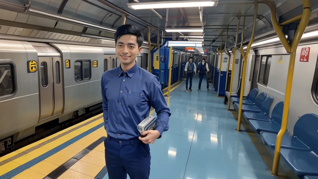 Engineers are inspecting subway trains,Subway maintenance workshop,There are 5 tracks full of subway cars.。The engineer is a 28-year-old Asian male,Wearing a blue long-sleeved shirt,Wearing dark blue work pants,Holding a wrench in each hand,Holding a flashlight in one hand,A happy smile on his face。
