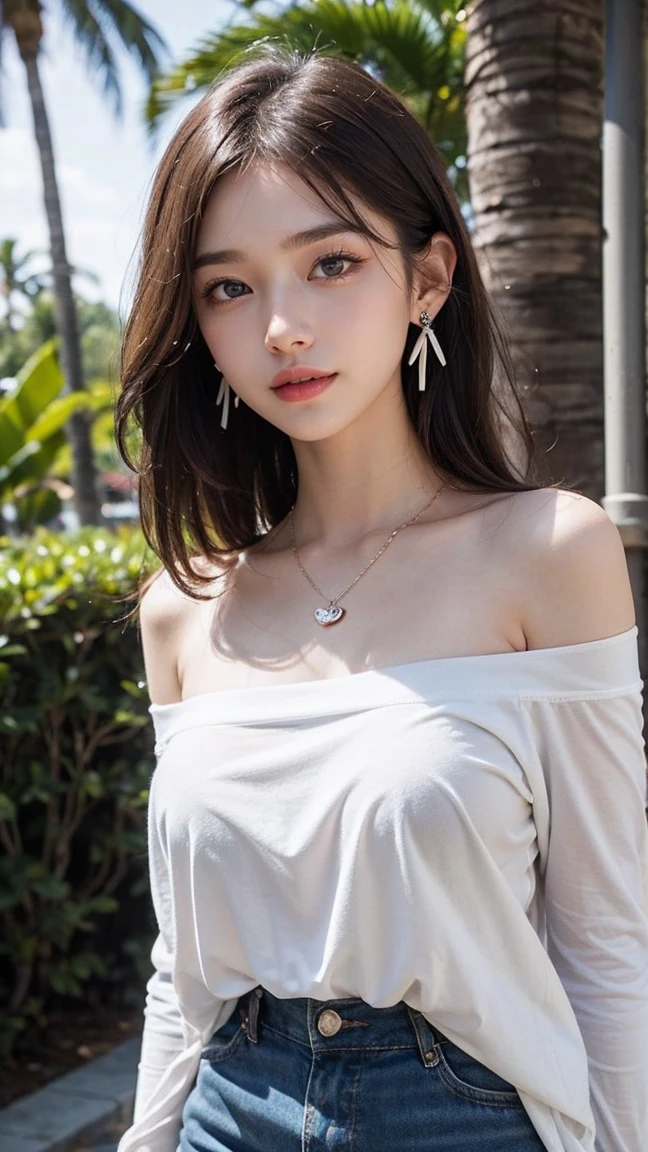 Top-quality Realistic,Official art,Highly detailed CG Unity 8k wallpaper,ultra-detailliert,hight resolution,Physically-based rendering,Magnificat,finely detail,masterpiece,Best Quality,ultra detailed, Face Light,Mature beauty,Beautiful girl,1girl,moist lips,sexy lips,Sexy smile,Gentle smile, 20 years old, Beautiful bare skin,Smooth bare skin,(Beautiful and radiant skin), big well-shaped breasts, beautiful cleavage,beautiful Mature body,swept bangs,(Medium hair:1.3), beautiful detailed eyes,model shoot style,Japanese Idol, Full-body,((Promenade surrounded by tropical trees)),(Naked Oversized off shoulder Sheer White Long T-shirt:1.5)),BREAK,(Heart shaped necklace),(Triangle ornament earrings),nsfw,(no panties:1.3),BREAK,(walk through the shopping Promenade),walking position,(upper body:1.2), looking up, from above,gentle smile like a goddess, ((Extreme close-up)),