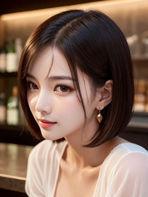 masterpiece, highest quality, 8k, disorganized person, (Upper Body:1.4), White Dress, Beautiful girl, Beautiful face, Looking at the audience, smile:1.1, Ultra-realistic, High resolution, picture, The focus was clear, High resolution, Face Light, Dynamic Lighting, Cinema Lighting, Professional Shadow, Beautiful bar counter background, Best details, Very detailed, Very detailed, Finely detailed, Real Skin, Delicate facial features, Detailed face and eyes, Sharp pupils、Realistic students、undressing、open clothes、cleavage 、Small breasts、bob cut、Earrings、sheer、embarrassed、blush、Drunk