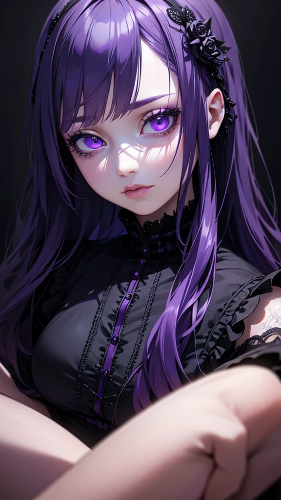 a cute goth ta girl with purple hair and purple eyes, sitting in a dark room, holding a cursed doll, surrounded by dolls, full body shot, (best quality,4k,8k,highres,masterpiece:1.2),ultra-detailed,(realistic,photorealistic,photo-realistic:1.37),vivid colors,dramatic lighting,highly detailed portrait,intricate details,beautiful detailed eyes,beautiful detailed lips,extremely detailed eyes and face,long eyelashes,gothic,dark fantasy,surreal