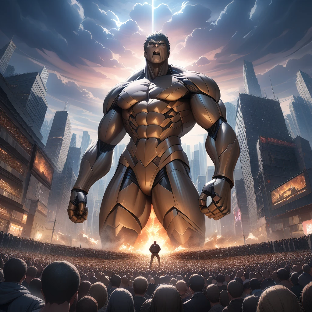 A colossal titan towering over a city, with a horrified crowd looking up, detailed, in the style of Hajime Isayama, dramatic lighting, epic composition, (best quality, 4k, 8k, highres, masterpiece:1.2), ultra-detailed, realistic, cinematic.