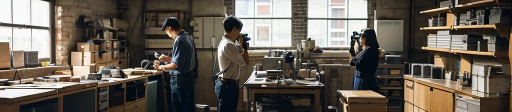 - Film cameras and lenses are lined up on the shelves. - At a workbench in the back of the office, an Asian woman and man are photographing cameras and lenses.