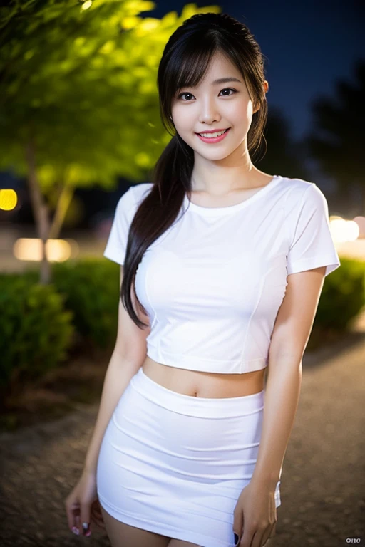 a gorgeous lady, age 22, in a white T-shirt and black mini-skirt, standing under night sky, dimpled smile, short ponytail, in a natural pose, photorealistic, beautiful detailed eyes, ample round bosom, hyper-realism, high contrast, ultra HD, realistic skin textures, top image quality, top-quality, super high resolution, fine details, very meticulously, bokeh background