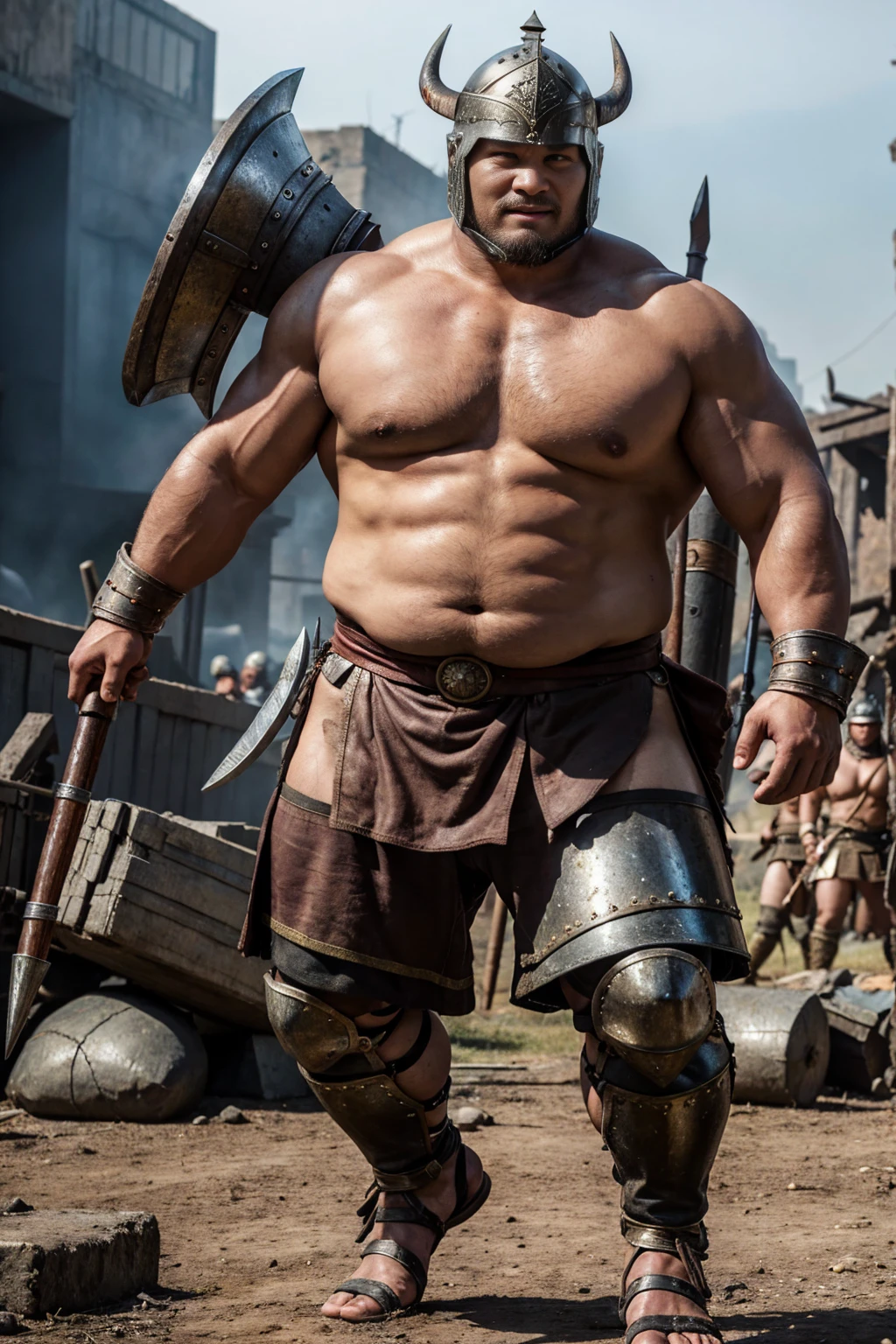 looking at us, Staring Intently, face focus, Bandit, Fat ferocious barbarian:2, This barbarian is a robust stocky Japanese, smirking, mid combat, intense battle scene, leather and iron armor, armored short skirt, holding a Viking War Axes, viking helmet, legs exposed from thighs to feet, fierce warriors, ancient battlefields, epic showdown, battleground background, masterpiece, volumetric lighting, Dramatic, Uighur the Warden, breathtaking action, dynamic poses, bald, ((ultra sharp)), ((masterpiece)), ((best quality)), ((ultra detailed)), ((intricate details)), Inguinal region detailed, Dilapidated, breathtaking action, destroyed city after big air raids, fire, A brutal scene, lets out a yell, extremely intricate details, ominous landscape,