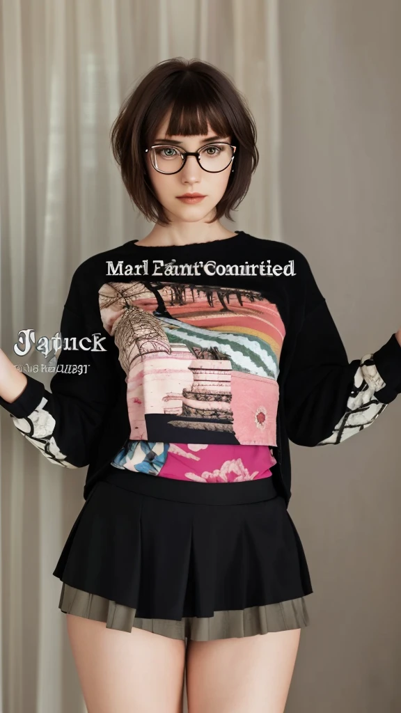 A short-haired girl, red shirt, black skirt, detailed face, beautiful eyes, mature and serious expression, alone, indoor setting, natural lighting, photorealistic, 8k, high quality, detailed skin, detailed clothing, realistic, intricate details, sharp focus, warm color tones, soft shadows, elegant composition, glasses.