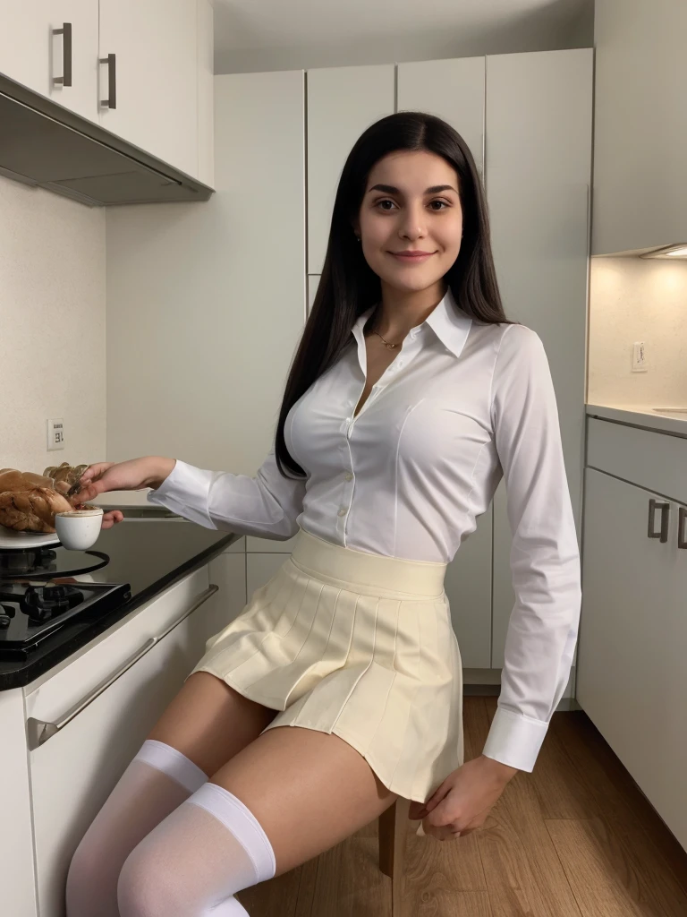 high quality, high resolution, 24 years old, Gabriela1, small breasts, a cup, black hair, bun hair, open unbottoned blouse, short skirt, white stockings, uniform, sitting in kitchen counter, open legs, shaved pussy
