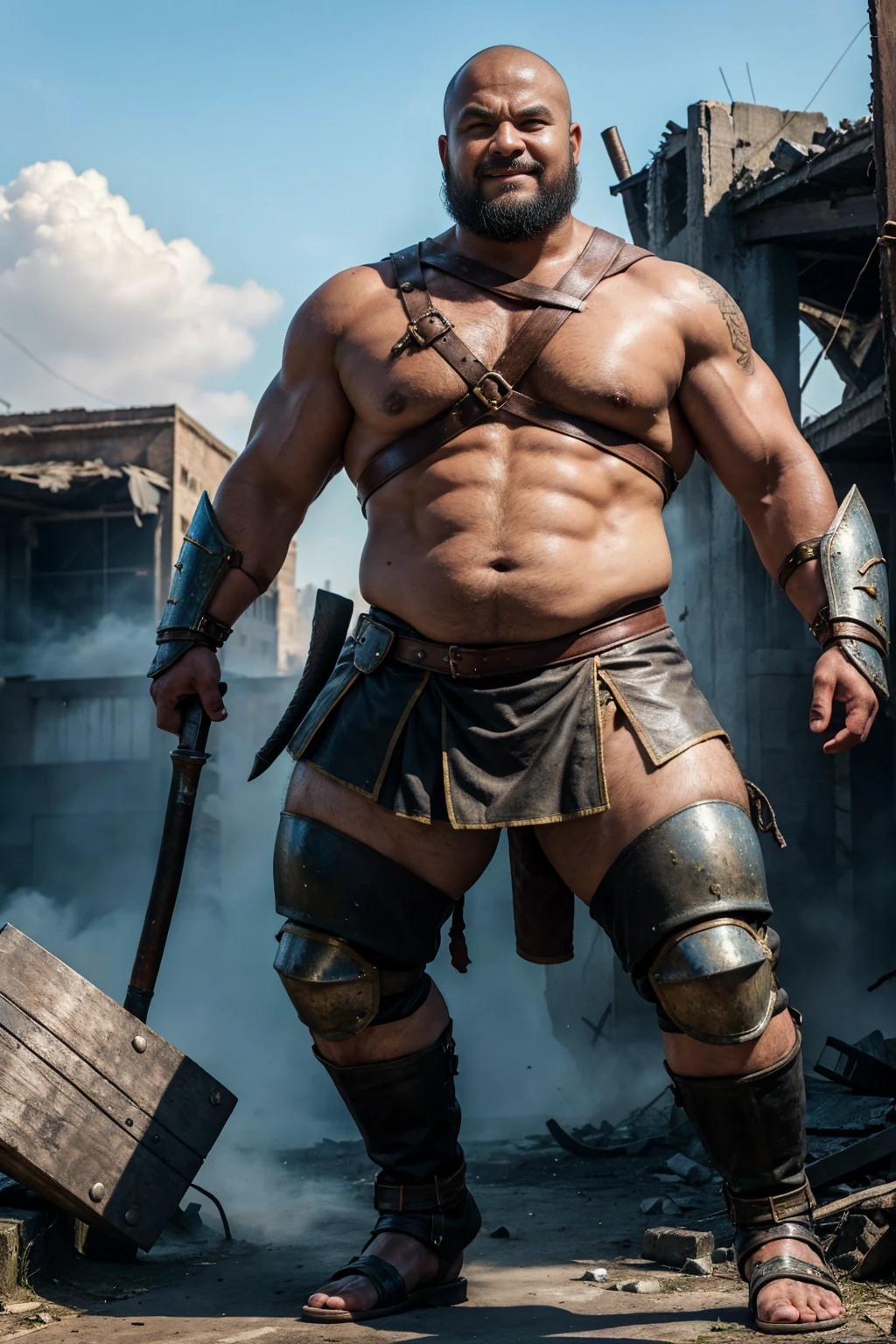 looking at us, shoot from front, face focus, Bandit, Fat ferocious barbarian:2, This barbarian is a robust stocky Japanese, smirking, mid combat, intense battle scene, leather and iron armor, armored short skirt, holding a Viking War Axes, viking helmet, legs exposed from thighs to feet, fierce warriors, ancient battlefields, epic showdown, battleground background, masterpiece, volumetric lighting, Dramatic, Uighur the Warden, breathtaking action, dynamic poses, bald, ((ultra sharp)), ((masterpiece)), ((best quality)), ((ultra detailed)), ((intricate details)), Inguinal region detailed, Dilapidated, breathtaking action, destroyed city after big air raids, fire, A desolate, post-apocalyptic cityscape, A brutal scene, lets out a yell, casting an ominous shadow,