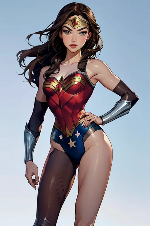 PhotoRealistic Art Style Best Qualit:1.3, Natural Beauty, Masterpiece, Full Body View Visible, Hailee Steinfeld, Perfectly Accurate Face Proportion,Realistic Light Hazel Brown Eyes, Thick Eyebrows, Brown hair, slim toned Thighs, tight ass, perky round breast , slim athletic body type, perfect body type, wonder woman, Poised for Action: In a slightly bent-knee stance, the tight suit accentuates Wonder Woman's buttocks and the curve of her lower back. Her readiness for action is highlighted by the form-fitting fabric clinging to her powerful frame.