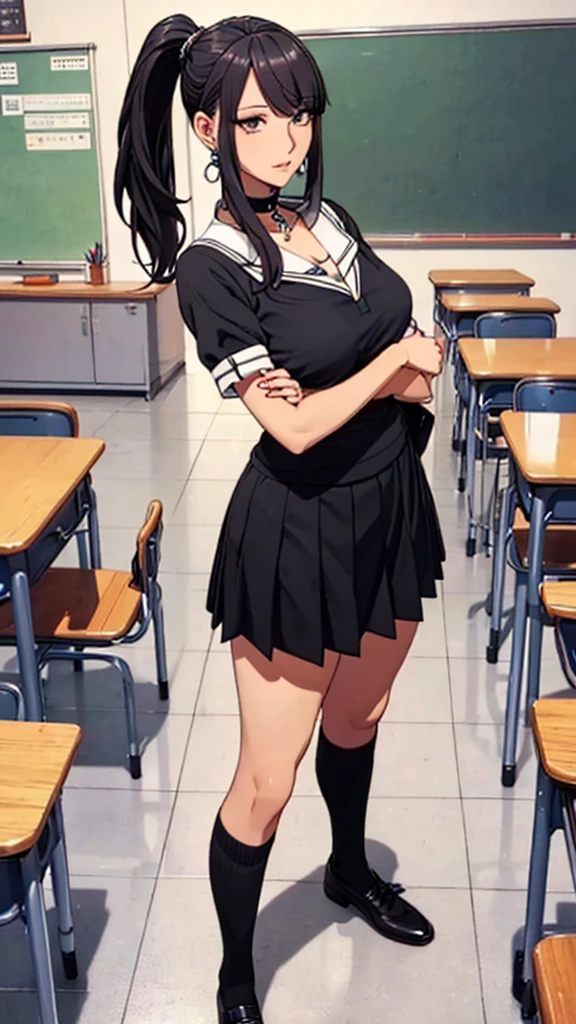 (((highest quality, High resolution, , Pixel Perfect, 4K))),((Correct Anatomy))、((school uniform))、(((School classroom))), ((highest quality)), ((Complex and detailed)), ((Black knee-high socks)), ((Mini Pleated Skirt))、An absurd solution, Mature Woman, Mature Woman, perspective, Very detailed,(((Full Body Shot)))、Great style、(Long Hair)、glamorous、Sailor suit、mini skirt、black tights、(((The whole body is visible))), One Woman, ((ponytail)), Perfect hands, Detailed fingers, Beautiful details,  Black choker, Earrings, Black Stockings, Perfect Eyes, Seductive eyes