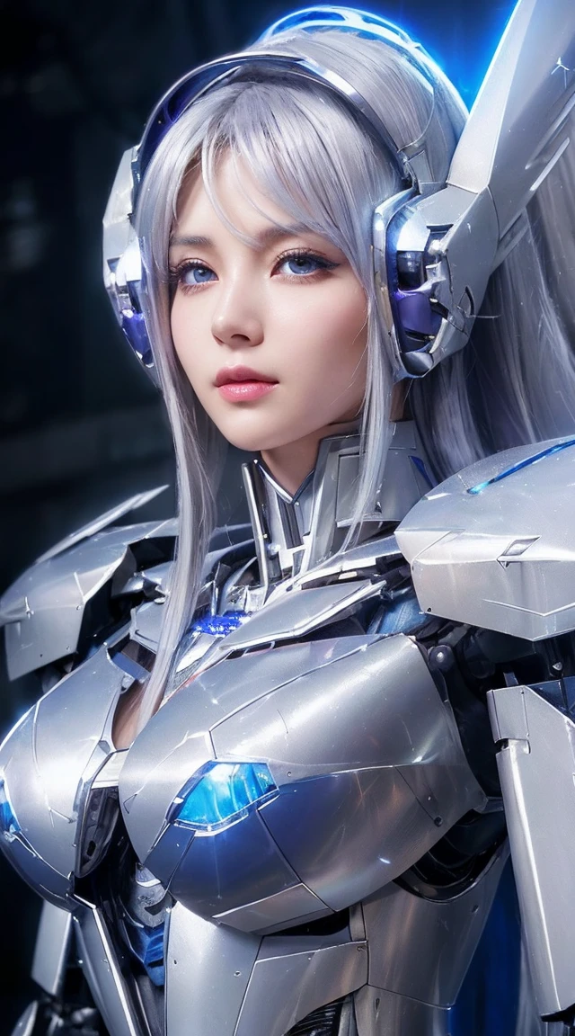 ((Extreme close up:1.6))、(((Lenses shining on both breasts:1.3)))、((Blue pillars of light radiate from both of his chests..:1.3))、break、(((Dynamic pose:1.8)))、smile、((8k)), ((32k)), ((highest quality)), ((masterpiece)), ((超A high resolution)), ((Tmasterpiece)), ((Hello:1.4))、((Mechaニカルheadgear:1.2))、((Cyber headphones:1.3))Fine skin, High quality fabric, High-quality metal texture、((Beautiful and dense face))、RAW Photos、Professional, Ultra-fine painting, ((alone)), Beautiful breasts、highest quality, Very detailed, Very detailed詳細, Finer details, so beautiful, ((Princess Knight Robot:1.2)),  (Joint of the machine, Mechanical Limbs:1.3), (The internal structure of the machine is exposed:1.3), (Long silver hair:1.1), (Beautiful and huge mechanical breasts)、White Veil, cowboy_shot, Side Focus, headgear, Shiny、(Five Fingers, Four fingers and thumb),Concept Art, Anime fantasy artwork, Detailed fantasy art, (with pale blue-violet hair and large white wings,,,,,,,,), (((Long silver hair))), (Mecha:1.6)、Sleek and intimidating design, ((Commander-in-Chief&#39;arm)), (Perfect robot body)、純白と青紫のarmまたは, Symmetrical wings, 8K High Resolution, Detailed Art, 3D rendering of character art in 8K, neat legs, Defined, Defined fingers,((headshot:1.3))