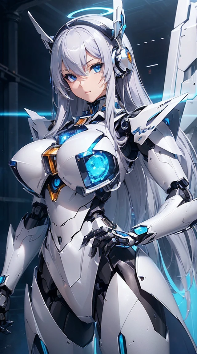 ((Intense action pose:1.6))、((Shining lenses on both breasts:1.3))、((Blue pillars of light are emanating from both chests.:1.3))、smile、((8k)), ((32k)), ((highest quality)), ((masterpiece)), ((超A high resolution)), ((Tmasterpiece)), ((halo:1.4))、((Mechaニカルheadgear:1.2))、((Cyber headphones:1.3))、Fine skin, High quality fabric, Fine metal texture、((Beautiful and dense face))、RAW Photos、Professional, Ultra-fine painting, ((alone)), Beautiful breasts、highest quality, Very detailed, Very detailed詳細, Finer details, so beautiful, ((Princess Knight Robot:1.2)), (Joints of machines, Mechanical Limbs:1.3), (The internal structure of the machine is exposed:1.3), (Long silver hair:1.1), (Beautiful and huge mechanical breasts)、White Veil, cowboy_shot, Side Focus, headgear, Shiny、(Five Fingers, Four fingers and thumb),Concept Art, Anime fantasy artwork, Detailed fantasy art, (with pale blue-violet hair and large white wings,,,,,,,), (((Long silver hair))), (Mecha:1.6)、Sleek and intimidating design, ((Commander-in-Chief'arm)), (Perfect robot body)、純白と青紫armまたは, Symmetrical wings, 8K high quality, detailed art, 3D rendering of character art in 8K, neat legs, Defined, Defined fingers,