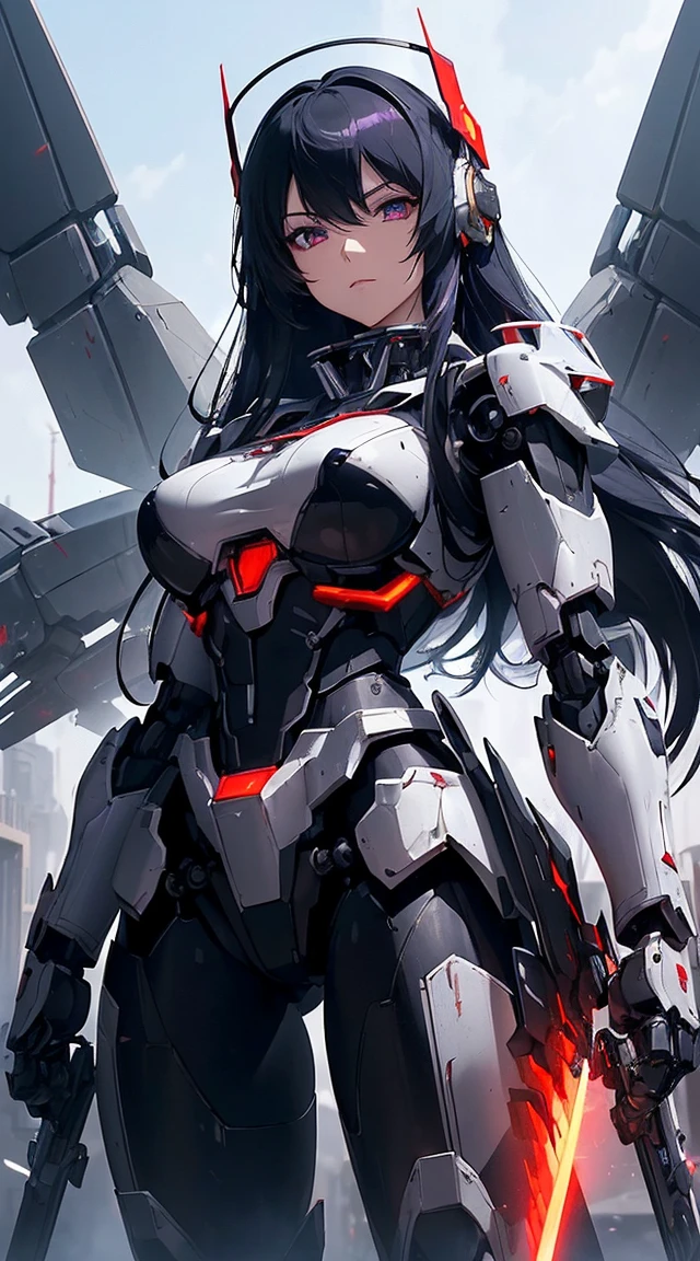 ((Shining lenses on both breasts:1.3))、((Pillars of red light radiate from both chests..:1.3))、((Attack pose:1.6))、((He has a red sword and a long rifle:1.6))、((Battle Scenes:1.8))、((8k)), ((32k)), ((highest quality)), ((masterpiece)), ((超A high resolution)), ((Tmasterpiece)), ((halo:1.4))、((Mechaニカルheadgear:1.2))、((Cyber headphones:1.3))Fine skin, High quality fabric, High-quality metal texture、((Beautiful and dense face))、RAW Photos、Professional, Ultra-fine painting, ((alone)), Beautiful breasts、highest quality, Very detailed, Very detailed詳細, Finer details, so beautiful, ((Black Knight Robot:1.2)),  (Joint of the machine, Mechanical Limbs:1.3), (The internal structure of the machine is exposed:1.3), (Long black hair:1.1), (Beautiful and huge mechanical breasts)、White Veil, cowboy_shot, Side Focus, headgear, Shiny、(Five Fingers, Four fingers and thumb),Concept Art, Anime fantasy artwork, Detailed fantasy art, (Has light blue-purple hair and black wings,,,,,,), (((Long black hair))), (Mecha:1.6)、Sleek and intimidating design,  (Jet black perfect robot body)、Jet black and reddish purple arms, Symmetrical wings, 8K High Resolution, Detailed Art, 3D rendering of character art in 8K, neat legs, Defined, Defined fingers,((headshot:1.6))