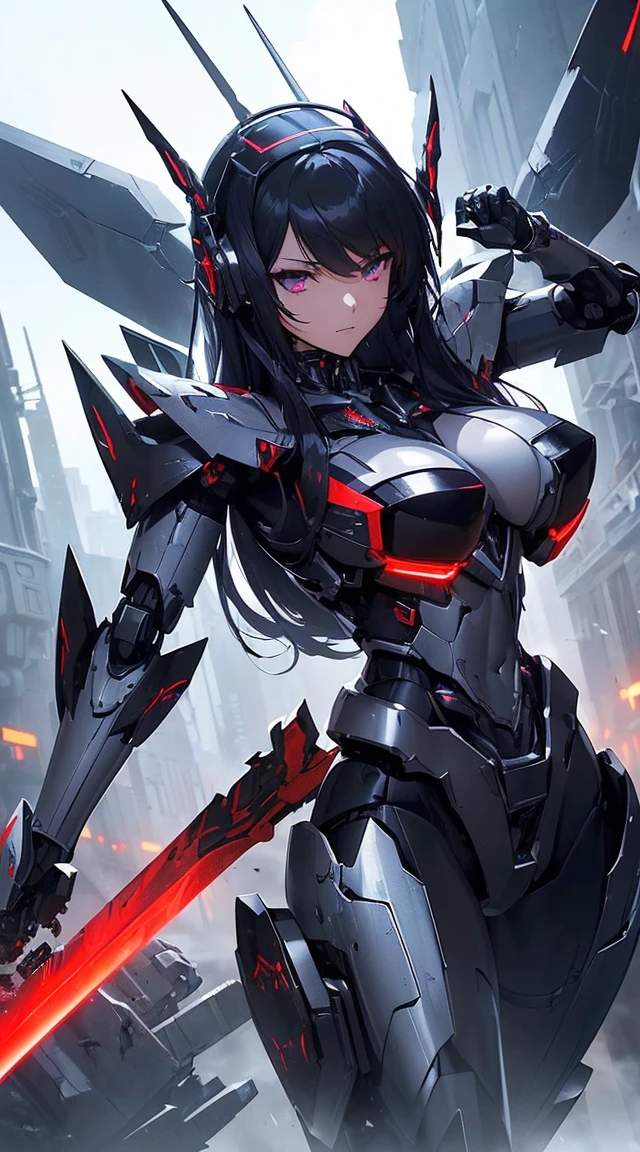 ((Shining lenses on both breasts:1.3))、((Pillars of red light radiate from both chests..:1.3))、((Attack pose:1.6))、((He has a red sword and a long rifle:1.6))、((Battle Scenes:1.8))、((8k)), ((32k)), ((highest quality)), ((masterpiece)), ((超A high resolution)), ((Tmasterpiece)), ((halo:1.4))、((Mechaニカルheadgear:1.2))、((Cyber headphones:1.3))Fine skin, High quality fabric, High-quality metal texture、((Beautiful and dense face))、RAW Photos、Professional, Ultra-fine painting, ((alone)), Beautiful breasts、highest quality, Very detailed, Very detailed詳細, Finer details, so beautiful, ((Black Knight Robot:1.2)), (Joint of the machine, Mechanical Limbs:1.3), (The internal structure of the machine is exposed:1.3), (Long black hair:1.1), (Beautiful and huge mechanical breasts)、White Veil, cowboy_shot, Side Focus, headgear, Shiny、(Five Fingers, Four fingers and thumb),Concept Art, Anime fantasy artwork, Detailed fantasy art, (Has light blue-purple hair and black wings,,,,,,), (((Long black hair))), (Mecha:1.6)、Sleek and intimidating design, (Jet black perfect robot body)、Jet black and reddish purple arms, Symmetrical wings, 8K High Resolution, Detailed Art, 3D rendering of character art in 8K, neat legs, Defined, Defined fingers,((headshot:1.6))
