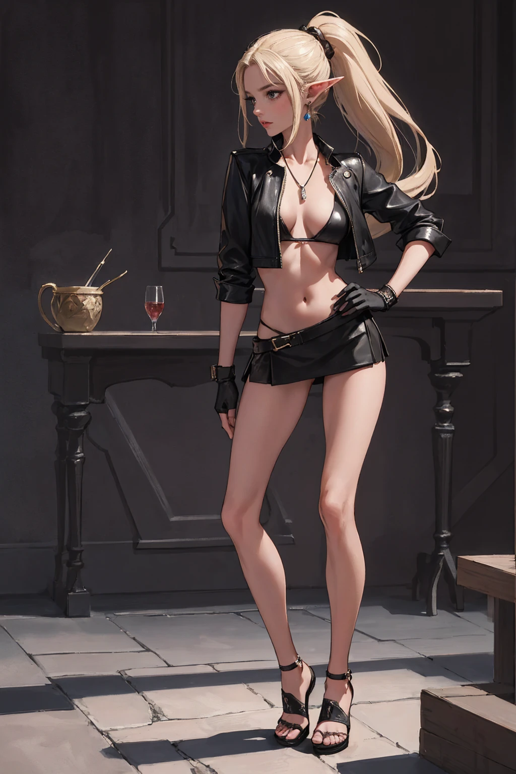 8K, Top Quality, Intricate Details, Ultra Detail, Ultra High Resolution, Masterpiece, full body, Very tall, dark skinned female elf; slender, blonde hairs and incredible long ponytail; strong makeup; brown eyes; small pointy breast; sensual midriff; wearing superhighplatform sandals, jewelery, necklace, earrings, black bikini top, short leather jacket, thongs with a lot of strings, leather skirt, long fingernails; gloves, rings, best quality, expressive eyes, perfect face, masterpiece, slim body, very long legs, detailed stomach, detailed hips, detailed legs, carefully drawn toes, carefully drawn feet, carefully drawn hands, best quality, drawn with careful, Dynamic Angle, Highly detailed, seductive eyes, NTR
