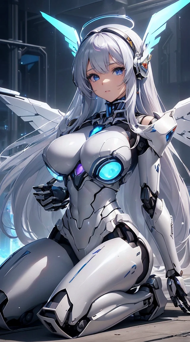 (Sit with one knee on the machine:1.6)、(Full body description:1.3)、((Shining lenses on both breasts:1.3))、((Blue pillars of light are emanating from both chests.:1.3))、smile、((8k)), ((32k)), ((highest quality)), ((masterpiece)), ((超A high resolution)), ((Tmasterpiece)), ((halo:1.4))、((Mechaニカルheadgear:1.2))、((Cyber headphones:1.3))、Fine skin, High quality fabric, Fine metal texture、((Beautiful and dense face))、RAW Photos、Professional, Ultra-fine painting, ((alone)), Beautiful breasts、highest quality, Very detailed, Very detailed詳細, Finer details, so beautiful, ((Princess Knight Robot:1.2)), (Joints of machines, Mechanical Limbs:1.3), (The internal structure of the machine is exposed:1.3), (Long silver hair:1.1), (Beautiful and huge mechanical breasts)、White Veil, cowboy_shot, Side Focus, headgear, Shiny、(Five Fingers, Four fingers and thumb),Concept Art, Anime fantasy artwork, Detailed fantasy art, (with pale blue-violet hair and large white wings,,,,,,,), (((Long silver hair))), (Mecha:1.6)、Sleek and intimidating design, ((Commander-in-Chief'arm)), (Perfect robot body)、純白と青紫armまたは, Symmetrical wings, 8K high quality, detailed art, 3D rendering of character art in 8K, neat legs, Defined, Defined fingers,