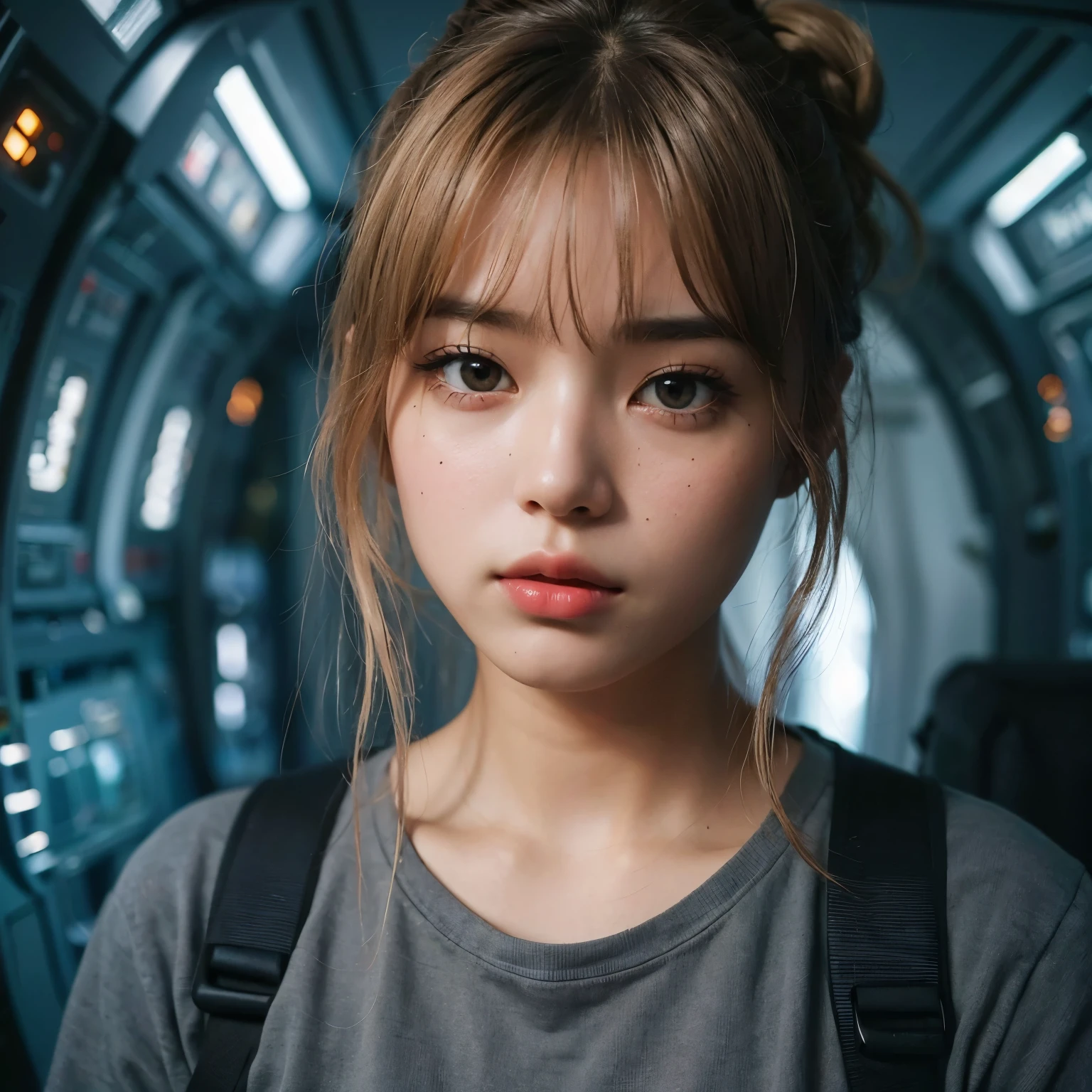 Close-up of a woman with backpack looking at camera, 美しいSFPortrait of a Girl, Attractive SF face, 🤤 Portrait of a Girl, SF wind, Portrait Anime Astronaut Girl, Perfect Face ), SF Women, Dreamy Cyberpunk Girl, Attractive girl, Perfect android girl, girl in space, SF Women, Karol Bak Oud