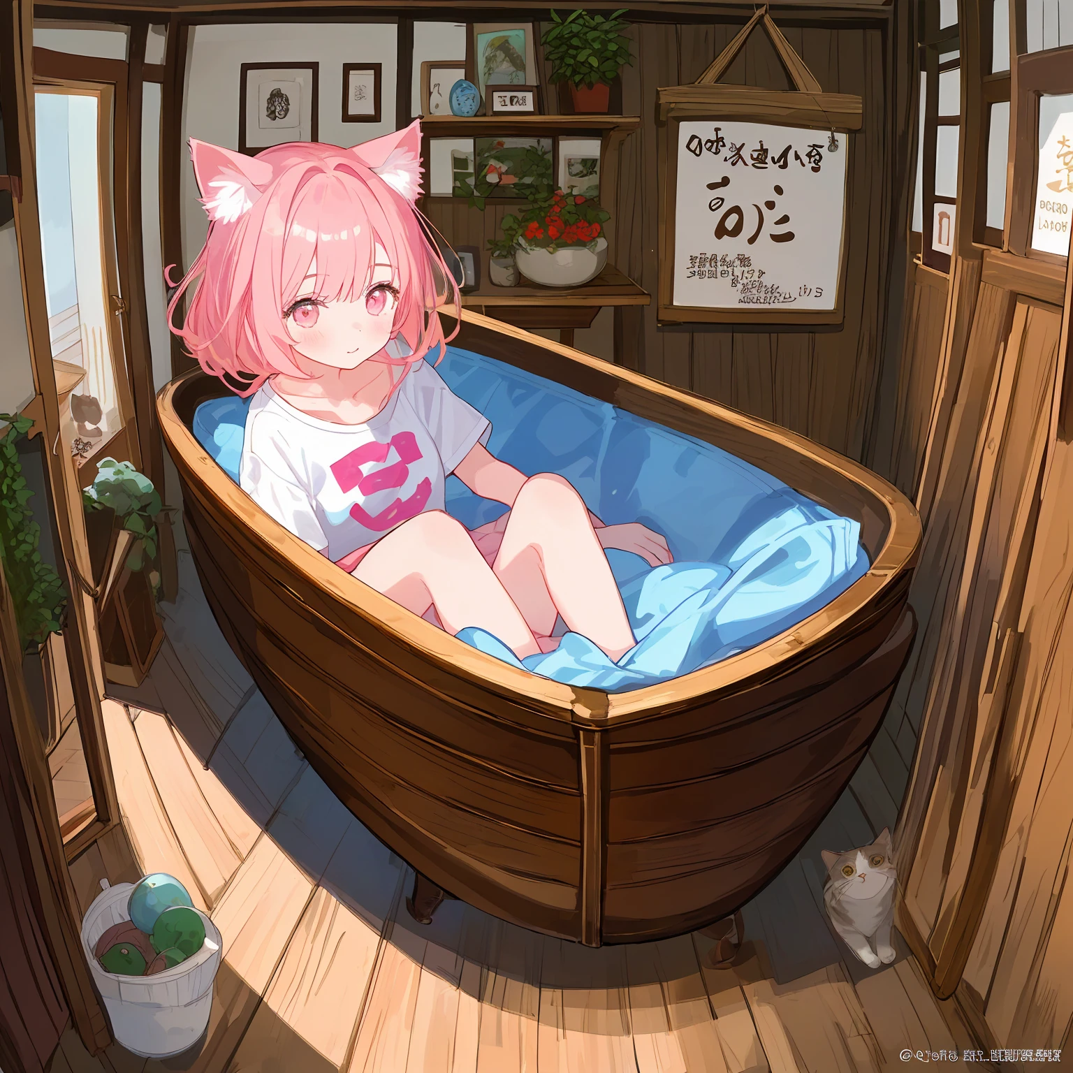  masterpiece, top quality, best quality, official art, beautiful and aesthetic, animation,, 1girl with cat ear and pink hair, bedroom, hold up a wooden sign with the word boat written on it-qwen ,