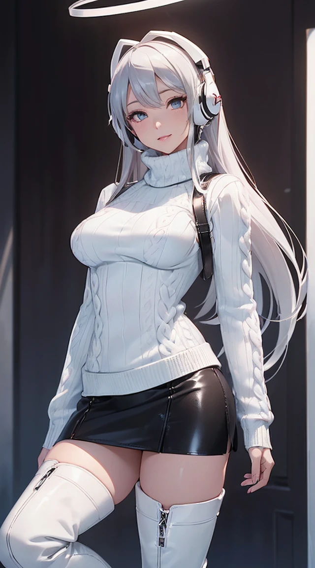 smile、((8k)), ((32k)), ((highest quality)), ((masterpiece)), ((超A high resolution)), ((Tmasterpiece)), ((halo:1.4))、((White mechanical headgear:1.3))、((White mecha cyber headphones:1.3))、Fine skin, High quality fabric, ((Beautiful and dense face))、RAW Photos、Professional, Ultra-fine painting, ((alone)), Beautiful breasts、highest quality, Very detailed, Very detailed詳細, Finer details, so beautiful, Full body description、on a futuristic street、White thigh-high boots、(Woman wearing a black leather miniskirt:1.8)、(Wearing a white knitted turtleneck sweater:1.8)、 take a walk、Beautiful legachine Eyes:1.3)、drooping eyes: 1.3,, (In 8K) , masterpiece, (No retouching, Lip gloss, False eyelashes, Real Skin, highest quality, 超A high resolution, Depth of written boundary, chromatic aberration, Caustics, Wide Lighting, Natural Shading))、Korean Idol、Asian woman smiling at camera,、A young and cute gravure idol, Young and skinny gravure idol, Realistic Young Gravure Idol, Young Gravure Idol, Japanese Model, Shot with Canon EOA 6D Mark II, Shot with Canon EOS 5D Mark IV, Young Gravure Idol、(White thigh-high boots:1.5)、(Long silver hair:1.1), cowboy_shot, Side Focus, Shiny、Concept Art, Anime fantasy artwork, (((Long silver hair))), 8K high quality, detailed art, In 8Kのキャラクターアートの3Dレンダリング, neat legs, Defined, Defined fingers,