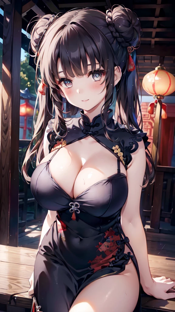 (nsfw:1.3), ((masterpiece, sidelighting, finely detailed beautiful eyes: 1.2)), ultra-detailed, ultra high res, professional lighting, high quality makeup, beautiful detailed eyes, sexy, beautiful, big eyes, drooping eye,(1 girl:1.3), (high school student:1.2), (middle breasts:1.1), (slender body), (china dress:1.6), (blush cheek, blush body:1.1), moist eyes, (black hair), (absurdly long hair, twintails, double bun:1.1), Extremely cute, (extremely detailed beautiful face), Authentic skin texture, beautiful hair, beautiful face, beautiful eyes, beautiful body, beautiful hands, (smile), standing, (face focus, cleavage breasts:1.6), erect nipples