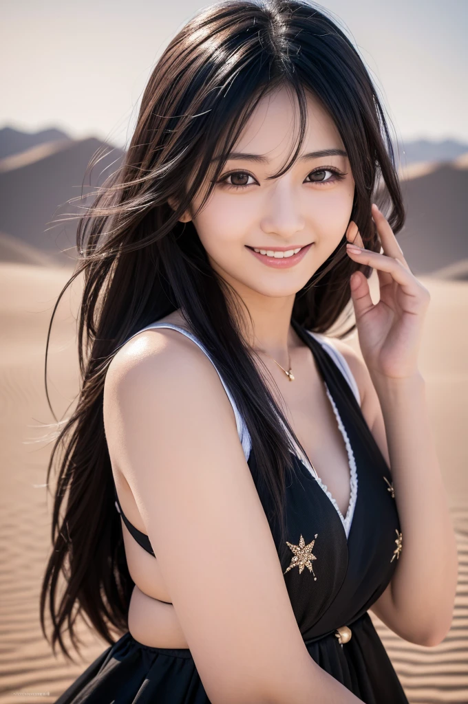 最high quality,Very detailed,finely,High resolution,8k wallpaper,Perfect dynamic composition,Young Japanese Woman,Age 25, Black Hair, thin, 4K, 8k, high quality, beauty, smile, Beautiful Eyes, Characterized by simplicity, High resolution,1 person,Japanese Idols,desert,Arab national costume